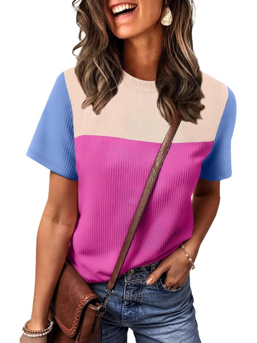 Womens Fashion 2026 Color Block Shirts Short Sleeve Knitted Summer Fall Tops Cas - Picture 3 of 4